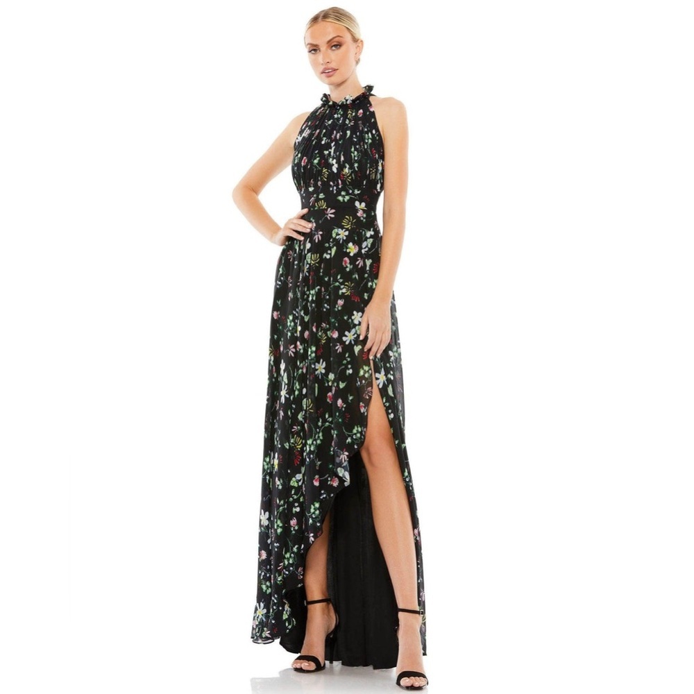 NEW FLORAL PRINT ASYMMETRICAL RUFFLE SLIT HALTER GOWN Wedding Guest Bridesmaid